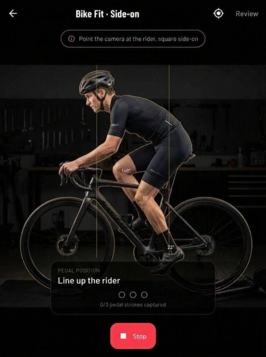 Llyr's bike fit screen showing joint angles drawn on a rider filmed square side-on.