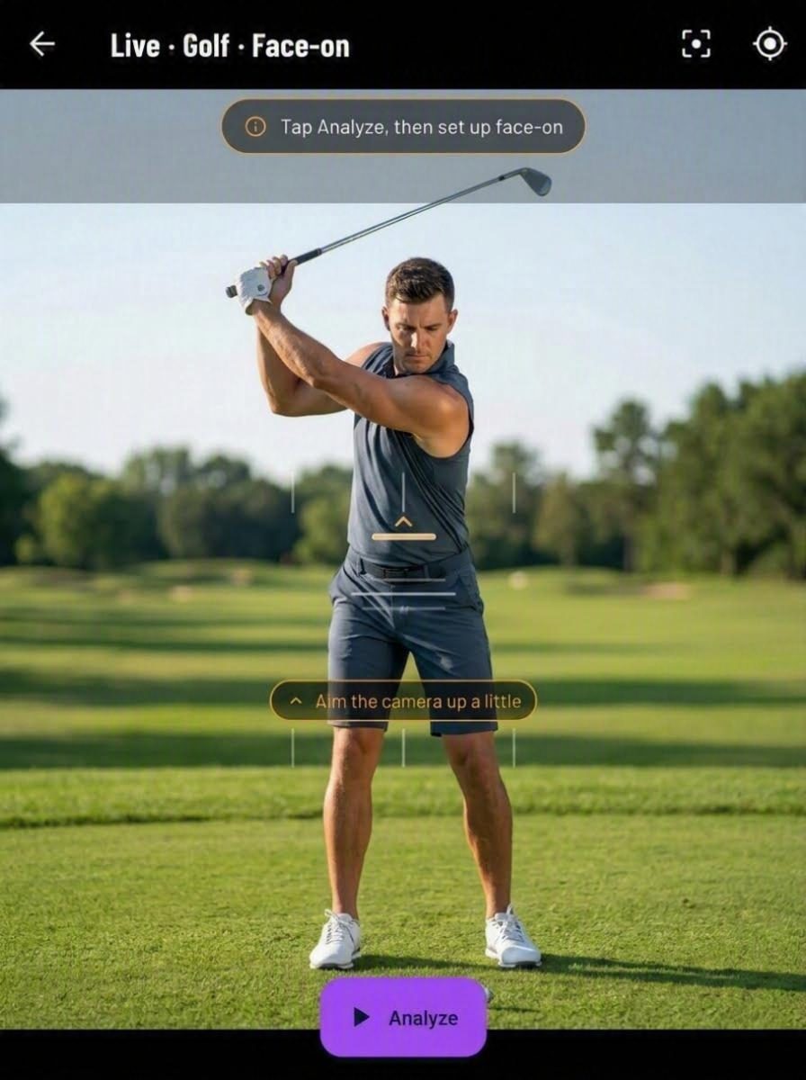 Llyr's live golf screen with a golfer filmed face-on at the top of the backswing, showing the framing cue and the Analyze button.