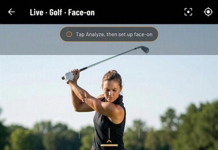 Llyr's live golf screen showing a golfer filmed face-on at the top of the backswing, with a cue reading tap Analyze, then set up face-on.