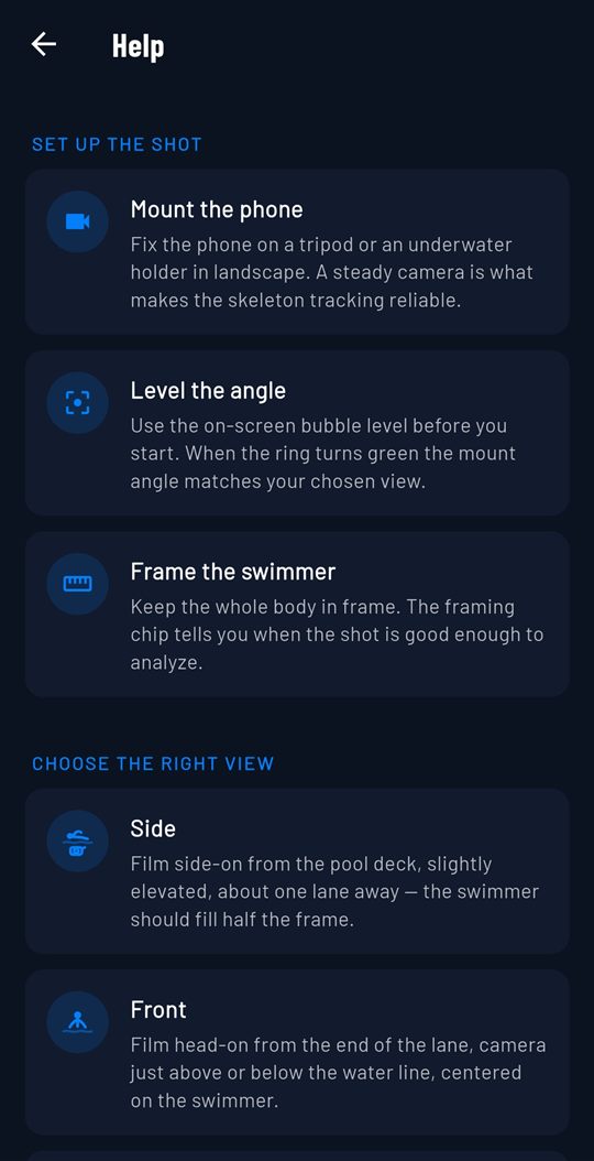 Llyr help screen with camera setup and filming guidance