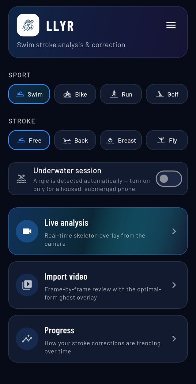 Llyr's home screen: Swim, Bike, Run and Golf across the top, the four swim strokes underneath, and Live analysis, Import video and Progress below that.