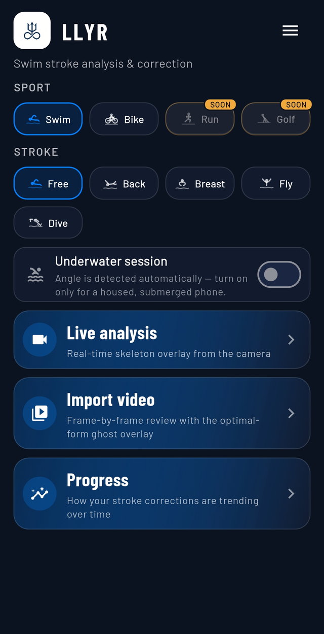 An earlier build of Llyr's swim home screen: the sport row across the top, Free, Back, Breast, Fly and Dive underneath, an underwater-session switch, and Live analysis, Import video and Progress below.