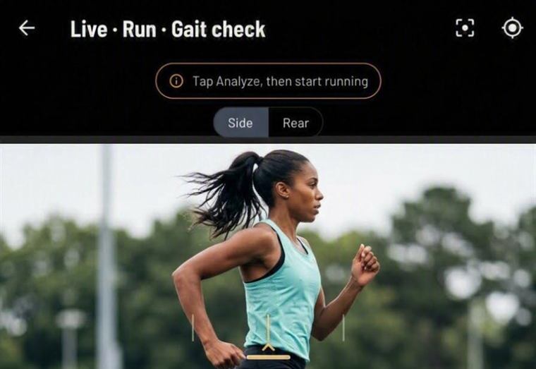 Llyr's run analysis screen: a runner filmed side-on with joint angles drawn on the stride and a plain-language correction listed underneath.