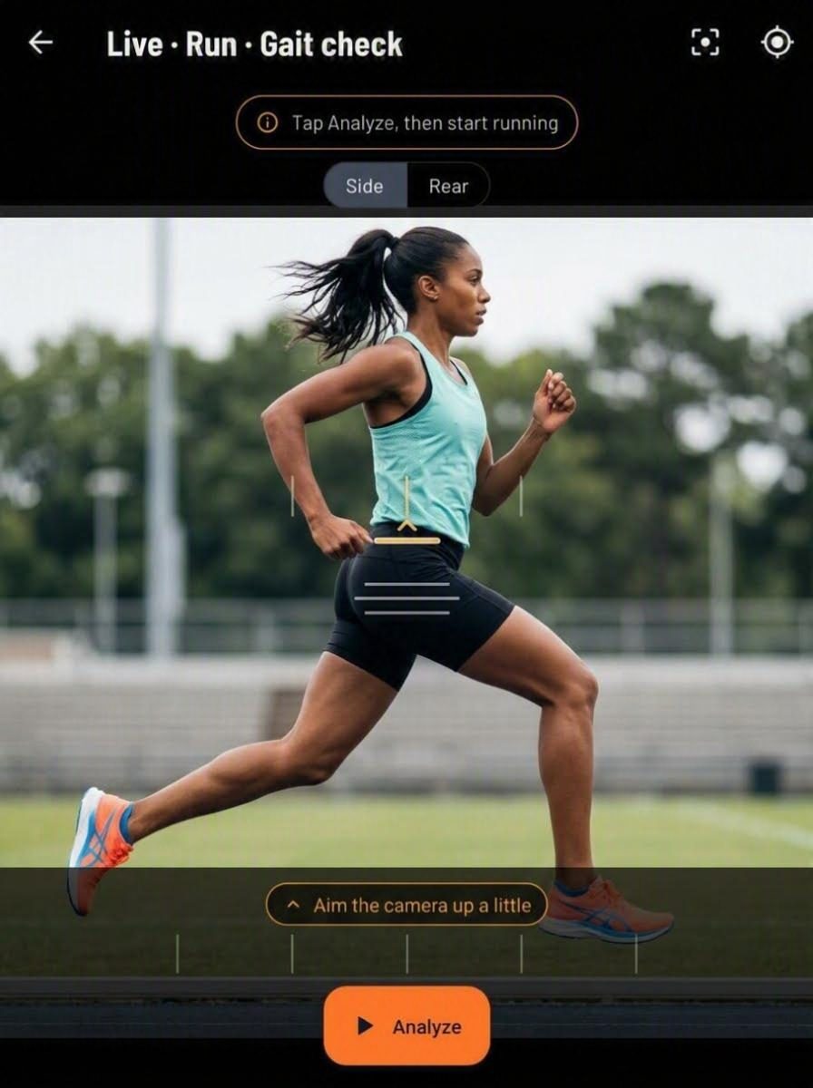 Llyr's run gait screen with a runner filmed side-on.