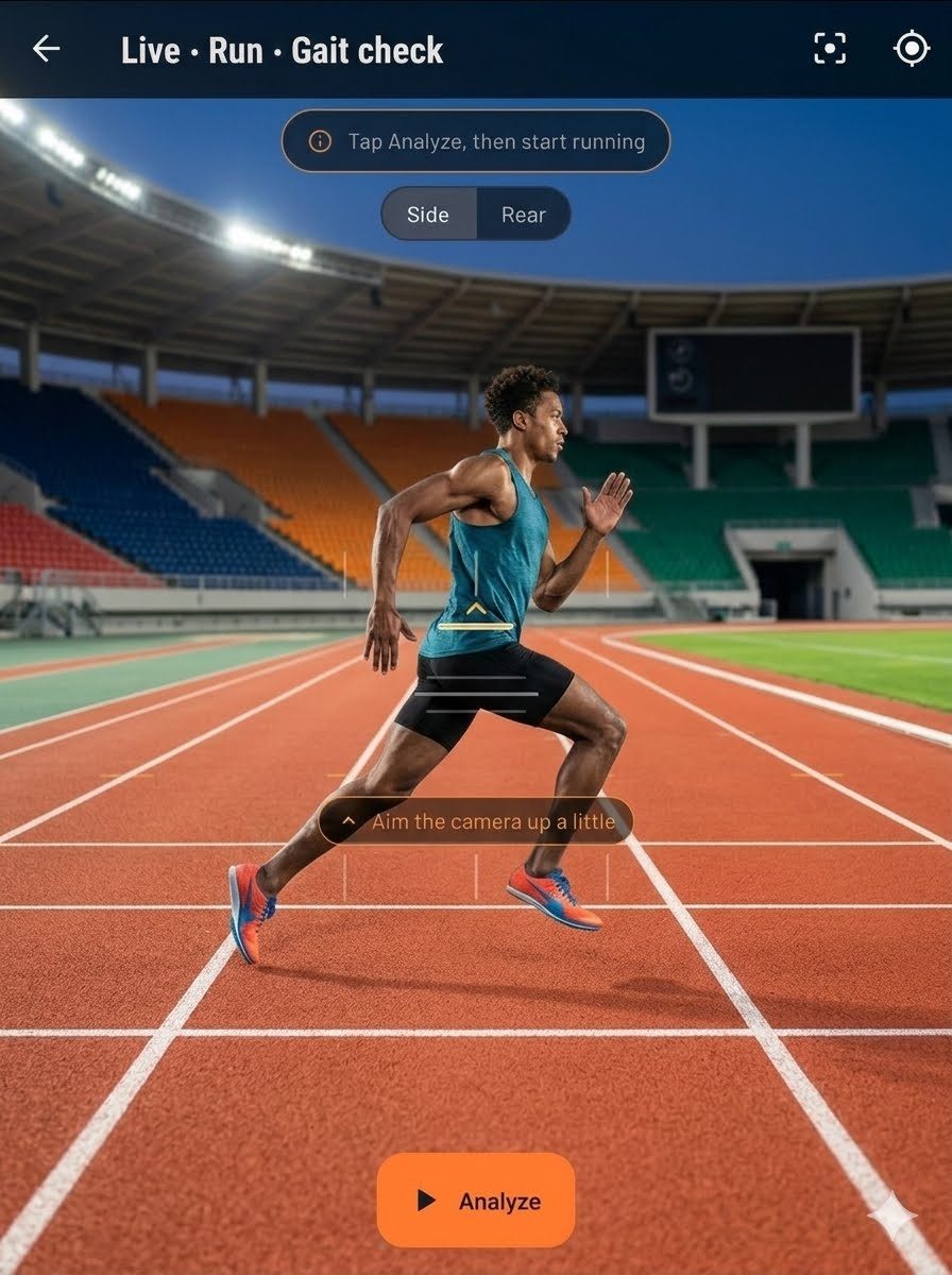 Llyr's run gait screen showing a runner filmed side-on at a track, with Side and Rear framing options.