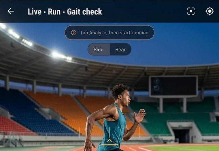 Llyr's run gait screen with a runner filmed side-on at a track, Side and Rear framing options, and a cue reading tap Analyze, then start running.