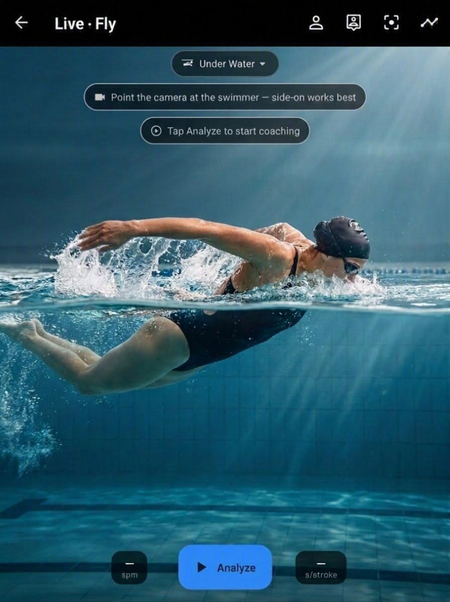 Llyr's live swim screen. A swimmer is framed side-on through the surface, with an Under Water toggle, a hint reading &ldquo;point the camera at the swimmer&rdquo; and a centred Analyze button.
