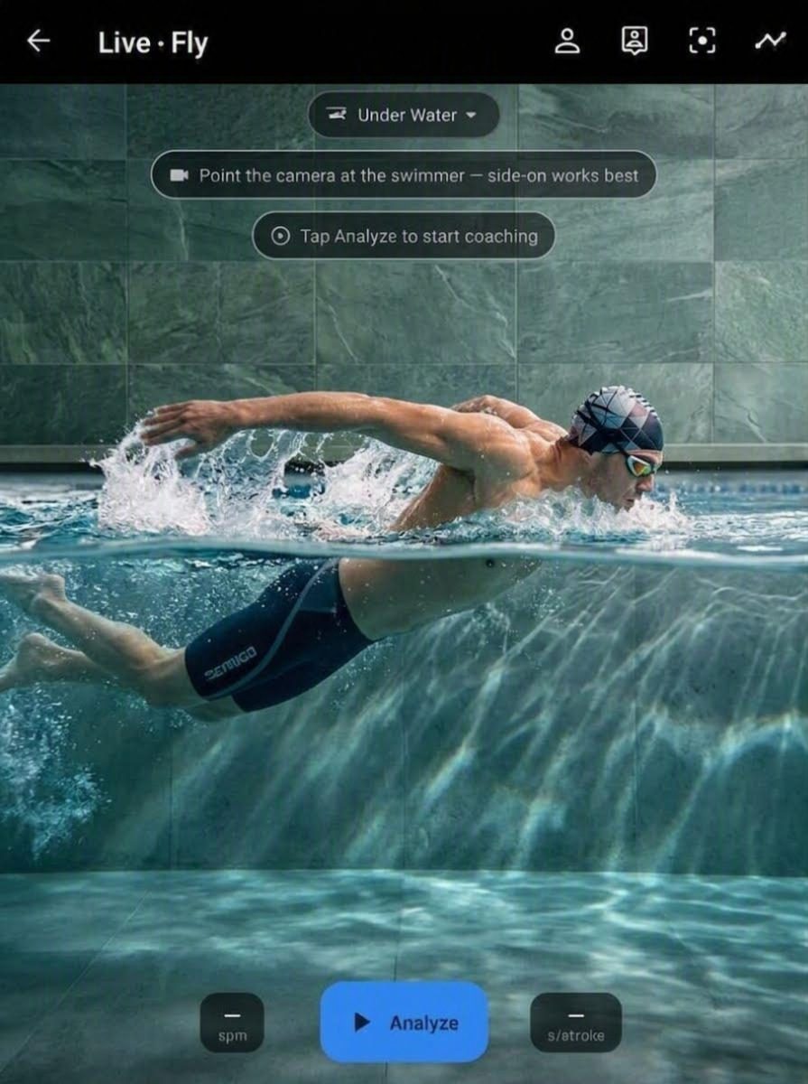Llyr's live swim screen showing a swimmer at the surface, split above and below the waterline.