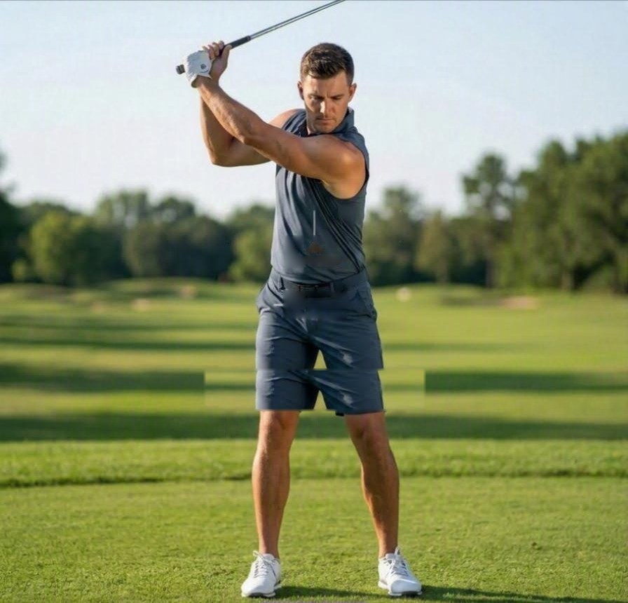 A golfer filmed face-on at the top of the backswing, with Llyr's joints and bones drawn on him and his lead elbow marked at 145 degrees. A hatched block sits on the turf where the ball would be.