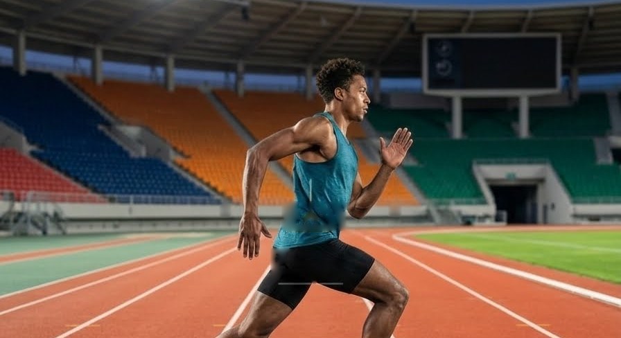 A runner filmed side-on at a track, with Llyr's joints and bones drawn on him and his front knee marked at 92 degrees. A hatched band across the bottom of the frame marks his feet, which fall outside it.